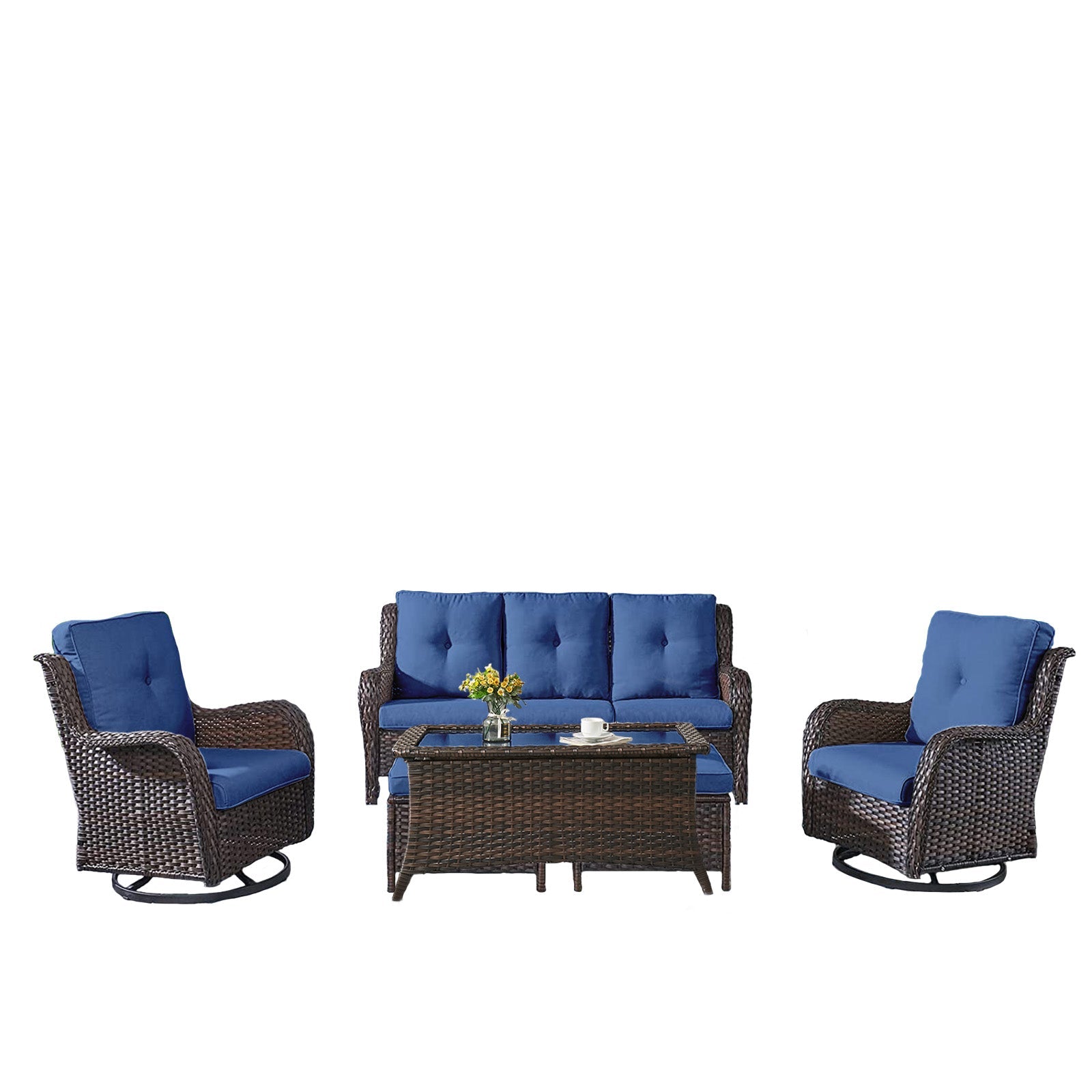 Patio Conversation Set 6-Piece with Sofa, Swivel Glider Chairs, Coffee Table, and Ottoman, NTC Series - Brown Wicker / Blue Cushion