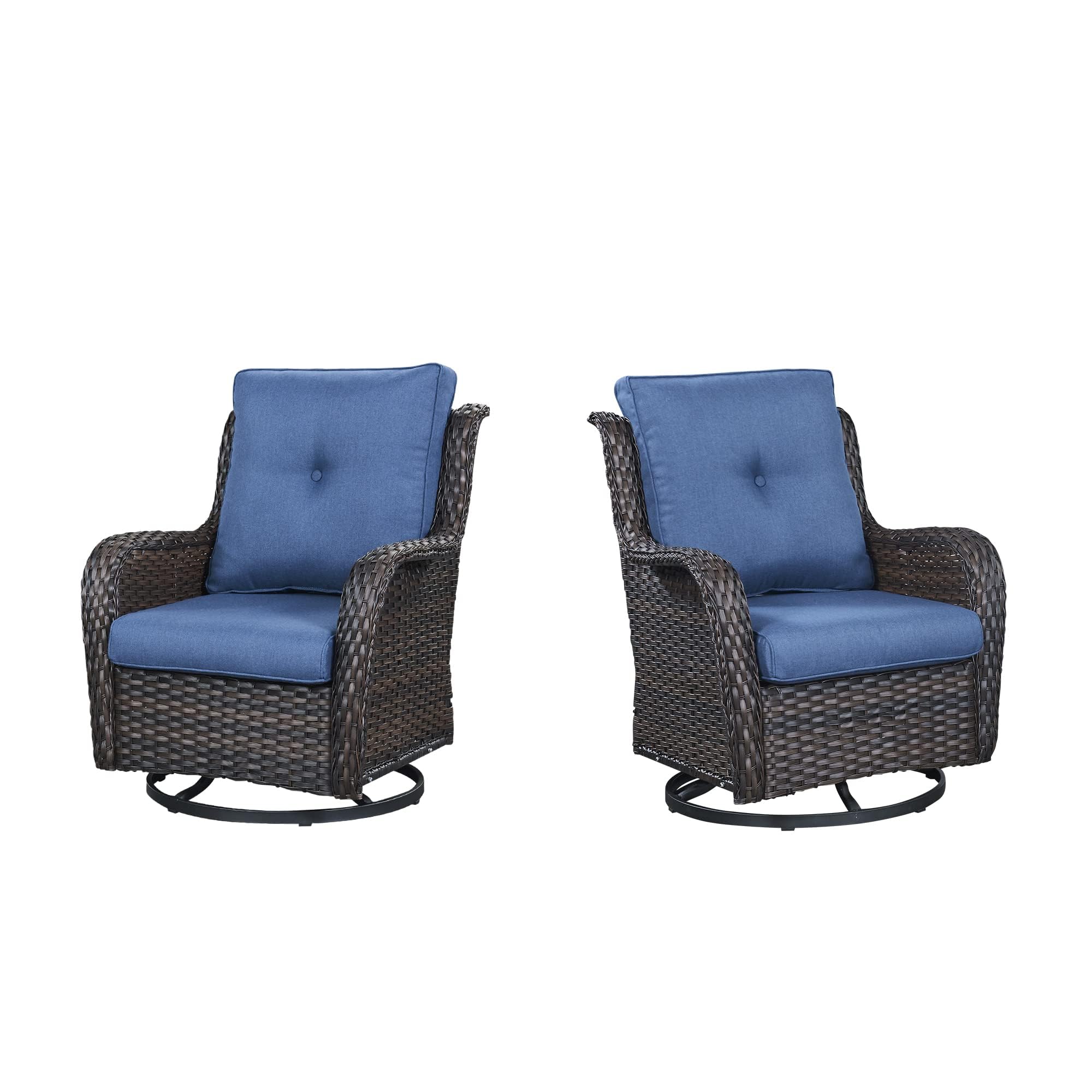 Outdoor 2PC PE Rattan Swivel Glider Chairs, NTC Series - Brown Wicker / Blue Cushion