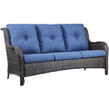 1 Piece Outdoor Patio Furniture Wicker 3-Seater Sofa, NTC Series - Brown Wicker / Blue Cushion