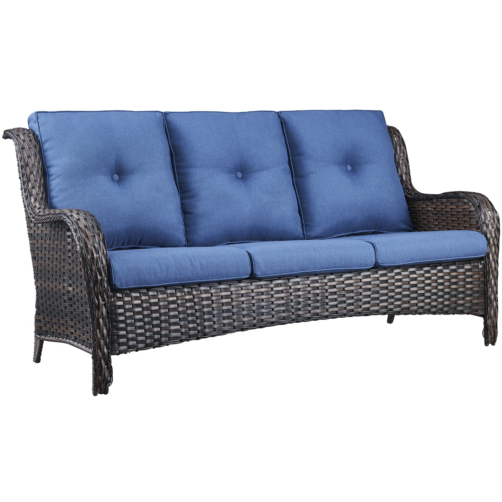 1 Piece Outdoor Patio Furniture Wicker 3-Seater Sofa, NTC Series - Brown Wicker / Blue Cushion