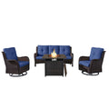 4-Piece Wicker Patio Set with Fire Pit Table, NTC Series - Brown Wicker / Blue Cushion