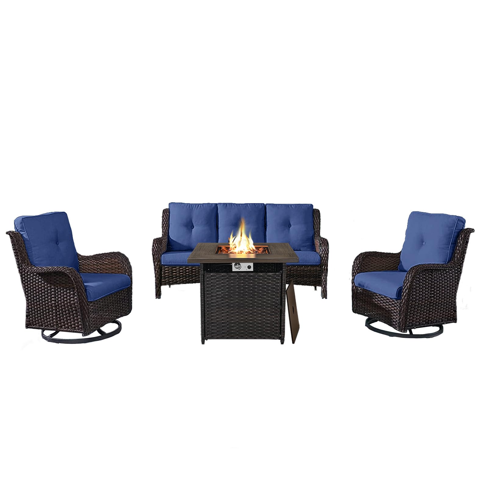 4-Piece Wicker Patio Set with Fire Pit Table, NTC Series - Brown Wicker / Blue Cushion