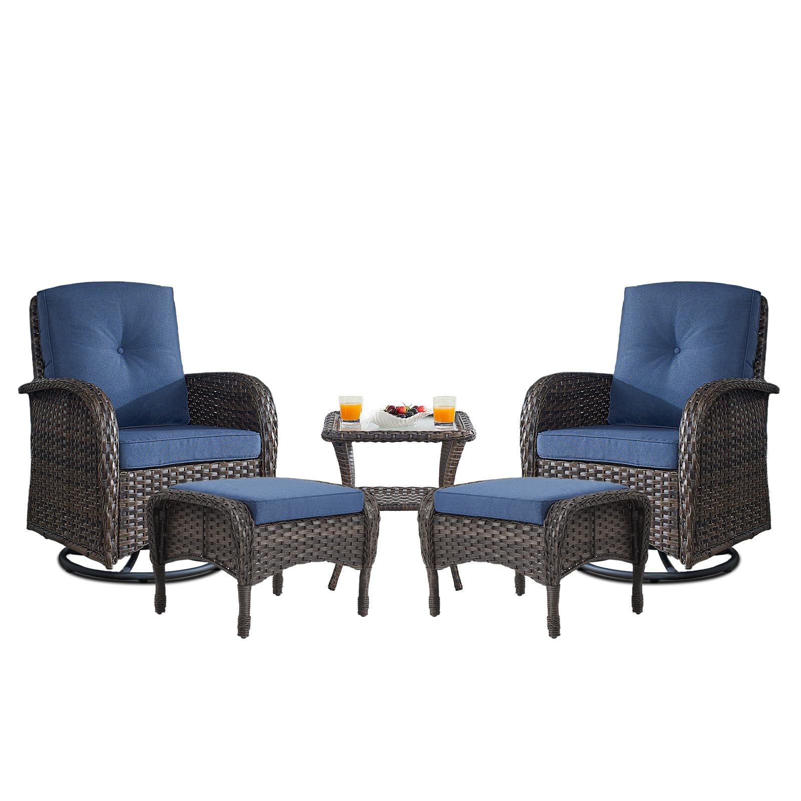Swivel Glider Chairs Set with Side Table and Ottoman, NDS Series - Brown Wicker / Blue Cushion