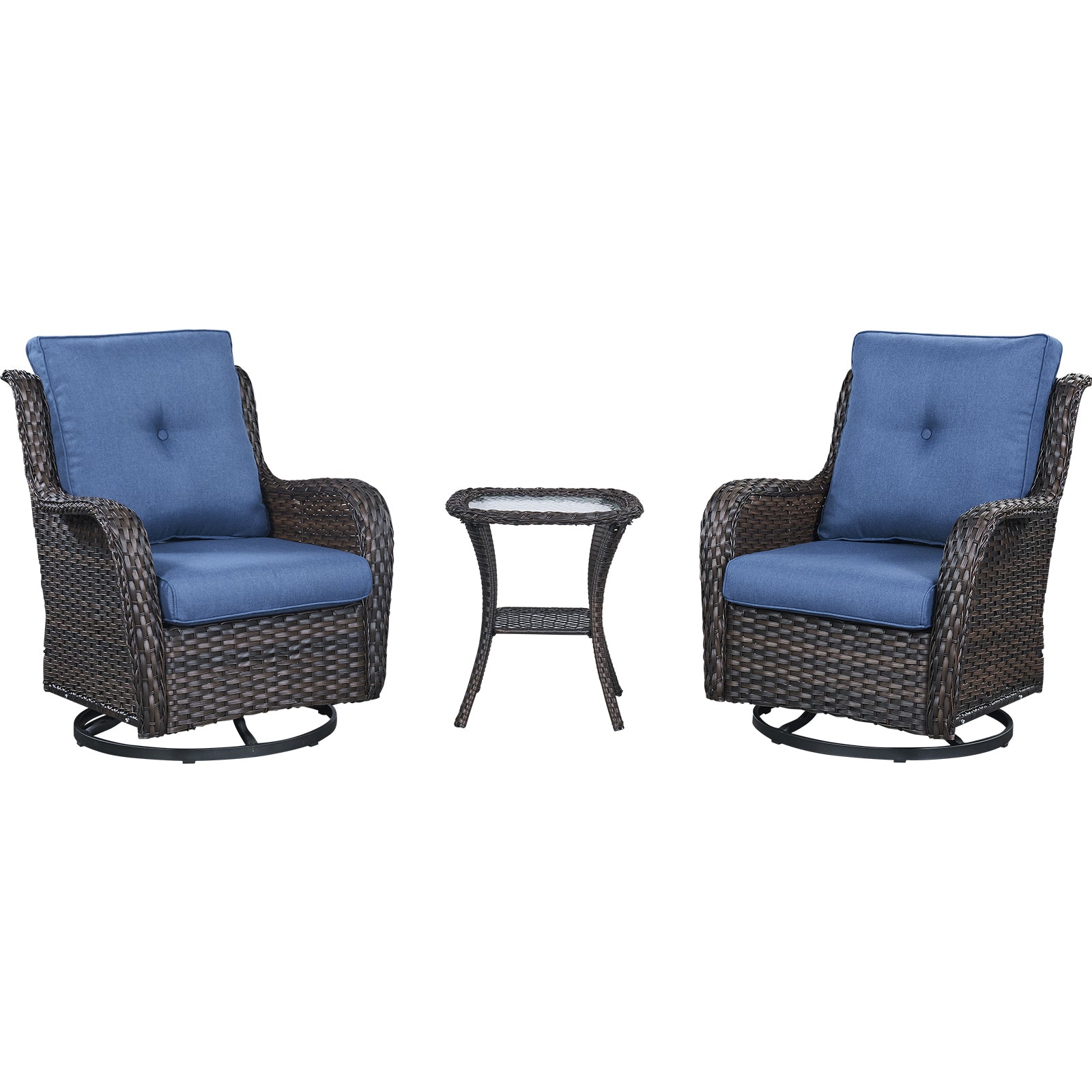 Swivel Glider Chairs Set with Side Table, NTC Series - Brown Wicker / Blue Cushion