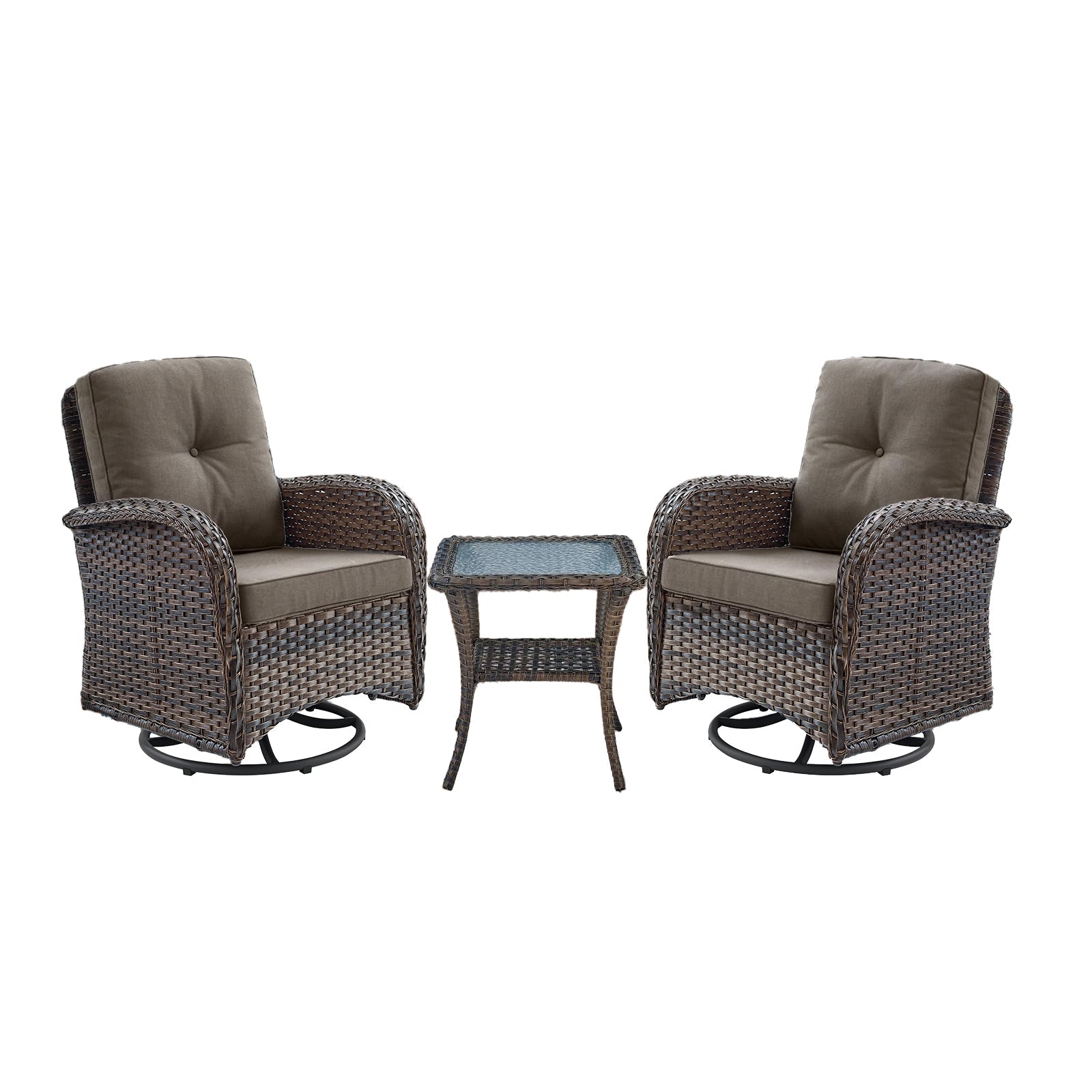 Swivel Glider Chairs Set with Side Table, NDS Series - Brown Wicker / Grey Cushion
