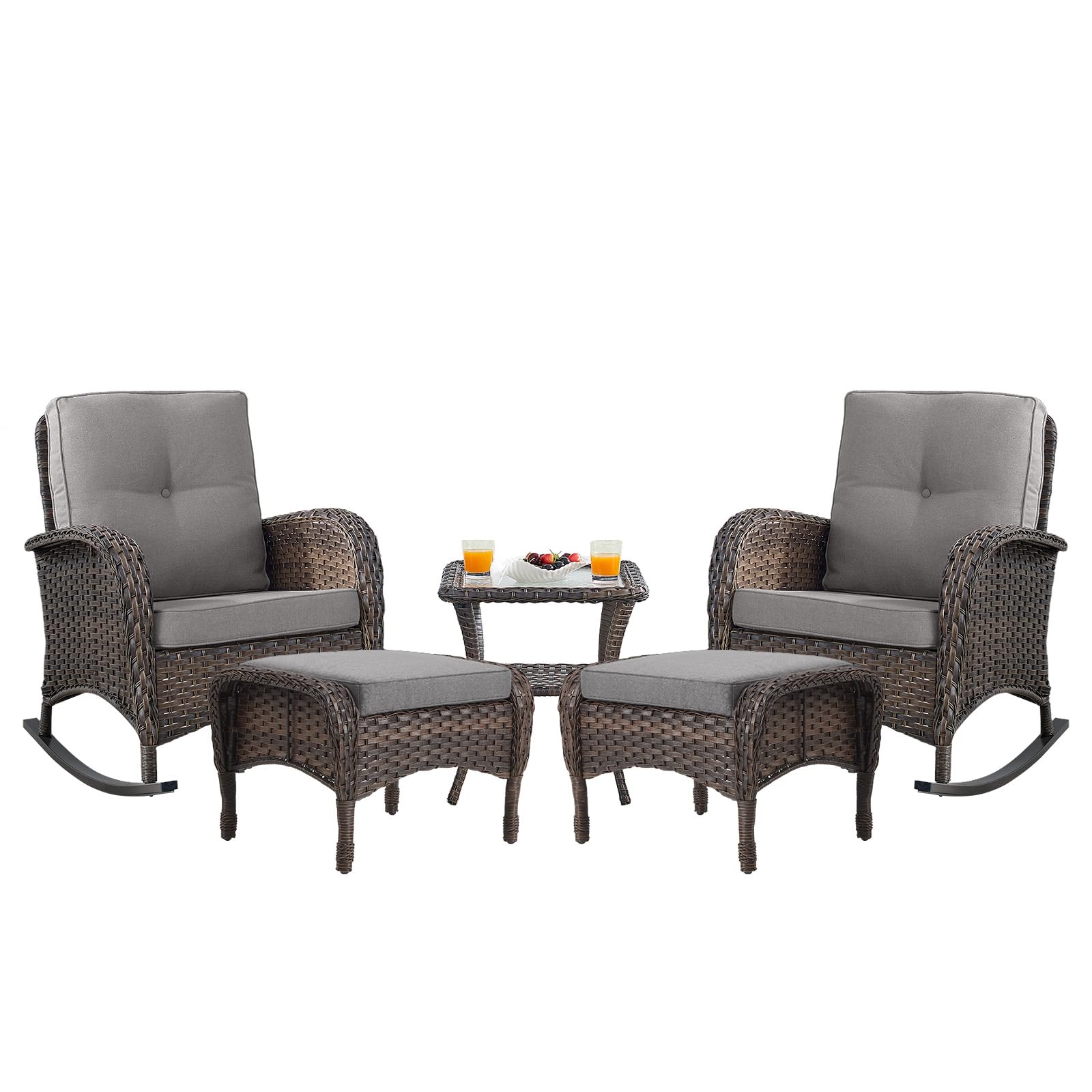 Rocking Chairs Set with Side Table and Ottoman, NDS Series - Brown Wicker / Grey Cushion