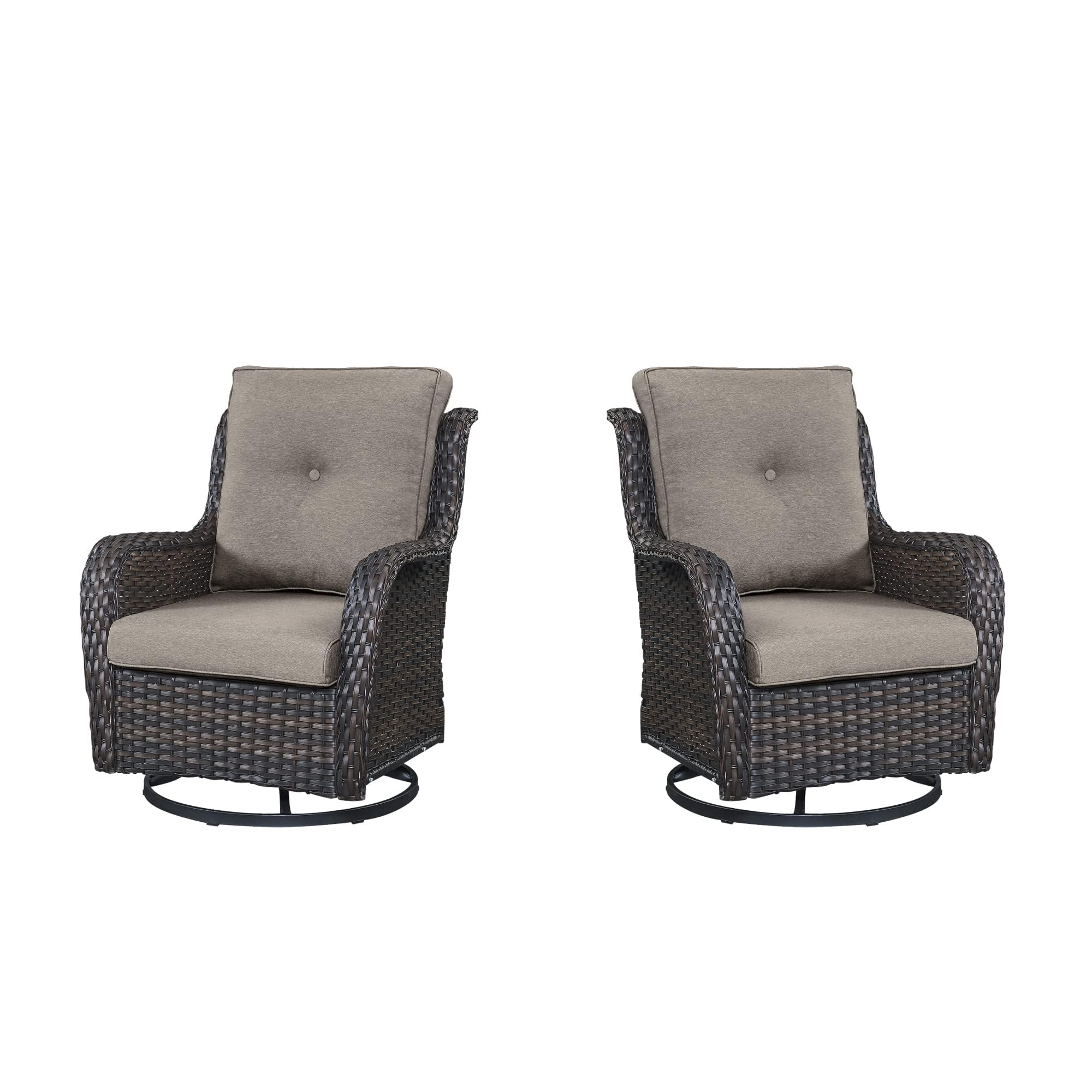 Outdoor 2PC PE Rattan Swivel Glider Chairs, NTC Series - Brown Wicker / Grey Cushion