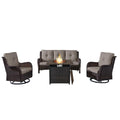 4-Piece Wicker Patio Set with Fire Pit Table, NTC Series - Brown Wicker / Grey Cushion