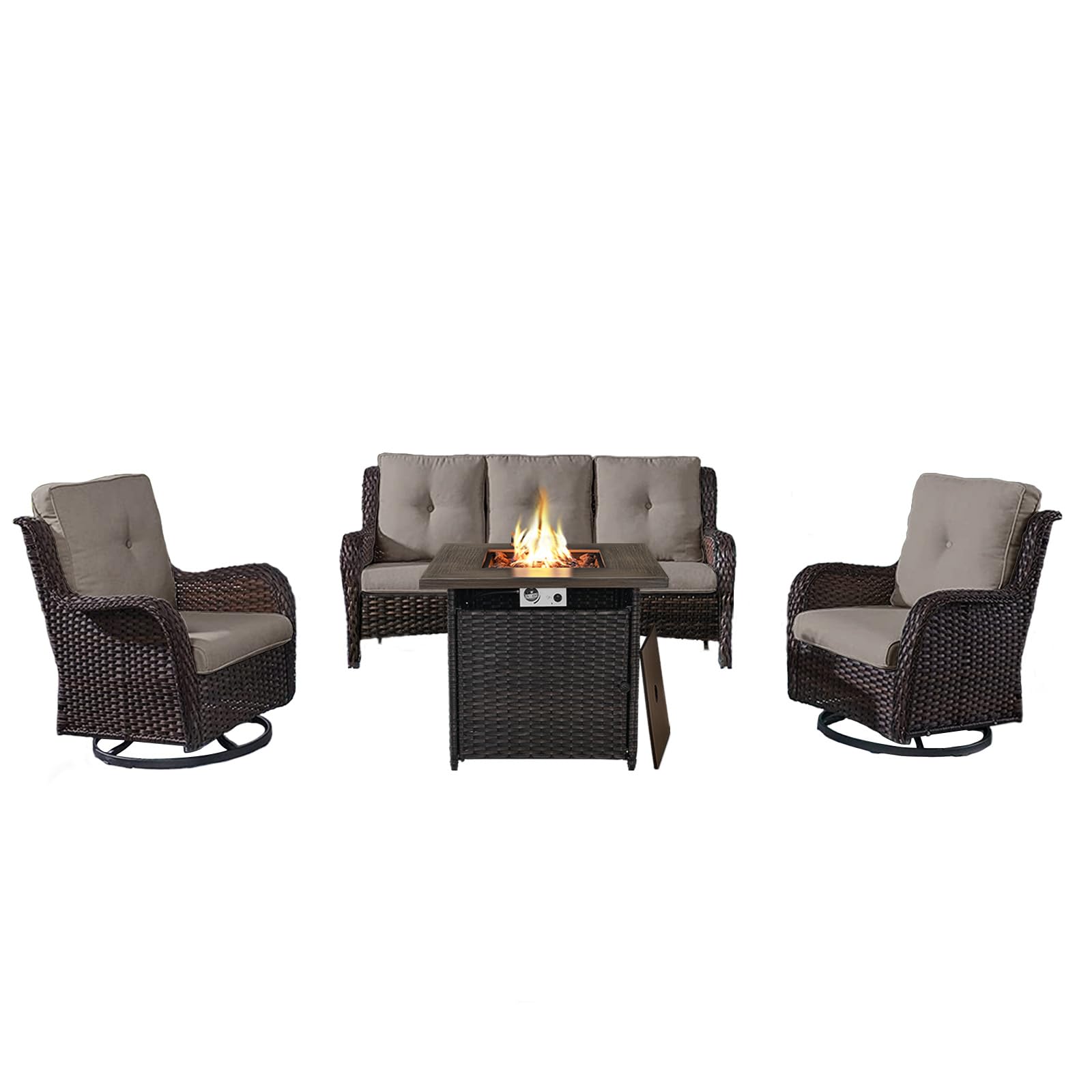 4-Piece Wicker Patio Set with Fire Pit Table, NTC Series - Brown Wicker / Grey Cushion