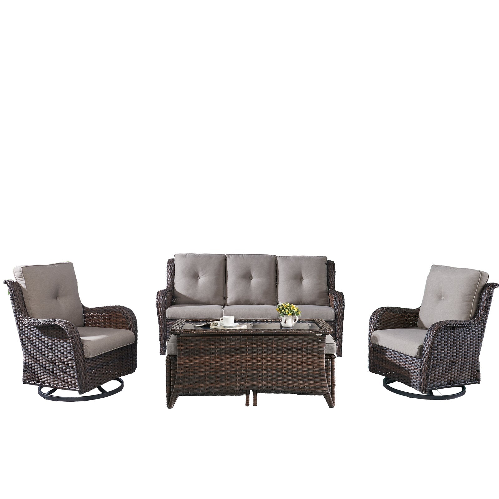 Patio Conversation Set 6-Piece with Sofa, Swivel Glider Chairs, Coffee Table, and Ottoman, NTC Series - Brown Wicker / Grey Cushion
