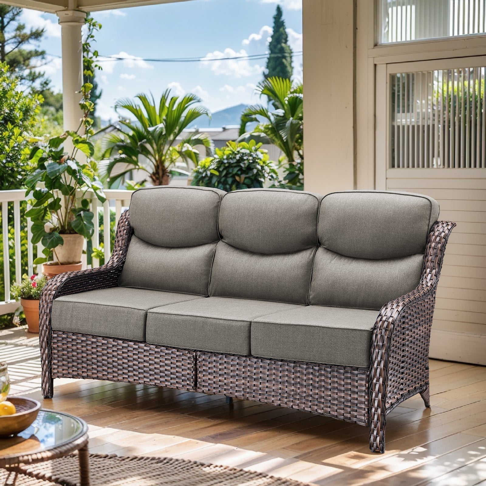 Oversized 3-Seater Wicker Sofa, High Back & 6" Cushions, NT Series - Brown Wicker / Grey Cushion