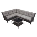 7-Piece L-Shaped Patio Sectional Sofa Set + Wicker Coffee Table, NTC Series - Brown Wicker / Grey Cushion
