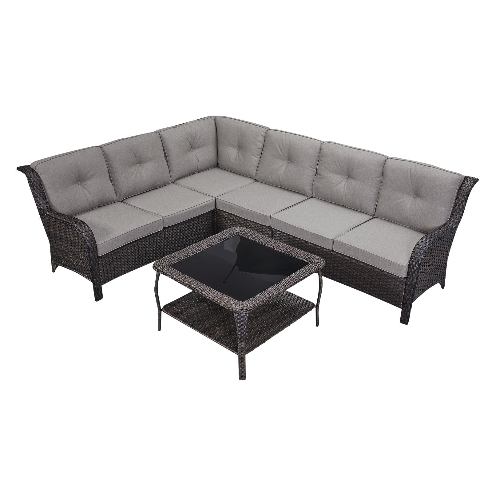 7-Piece L-Shaped Patio Sectional Sofa Set + Wicker Coffee Table, NTC Series - Brown Wicker / Grey Cushion