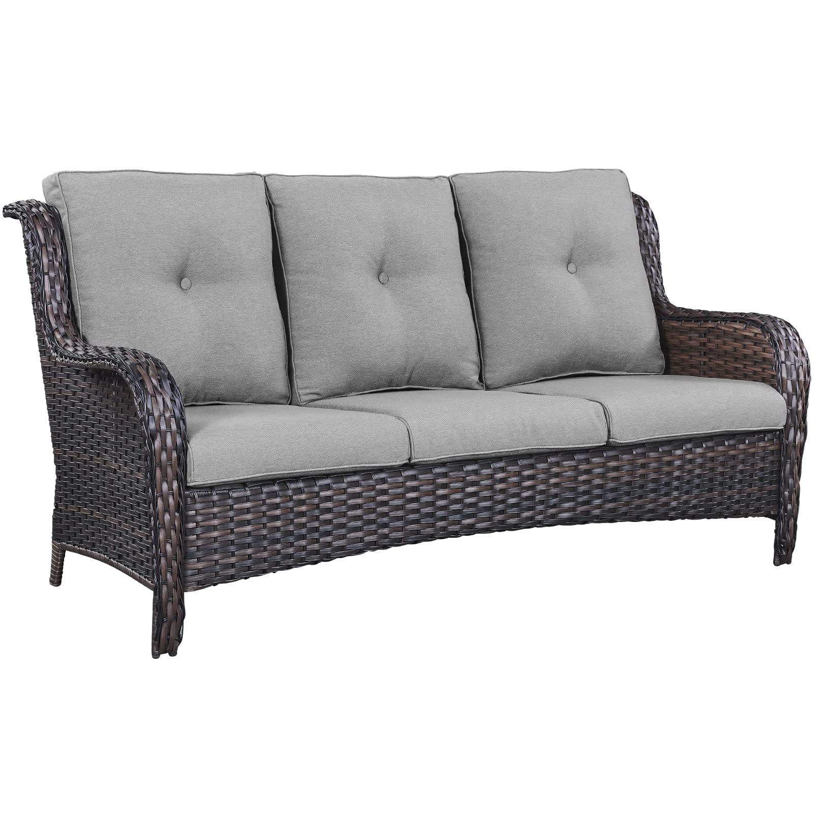 1 Piece Outdoor Patio Furniture Wicker 3-Seater Sofa, NTC Series - Brown Wicker / Grey Cushion