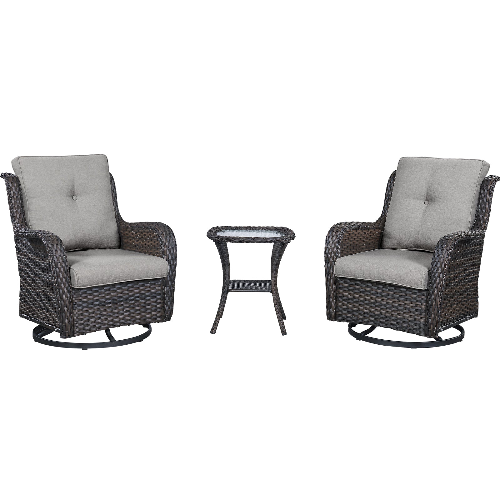 Swivel Glider Chairs Set with Side Table, NTC Series - Brown Wicker / Grey Cushion