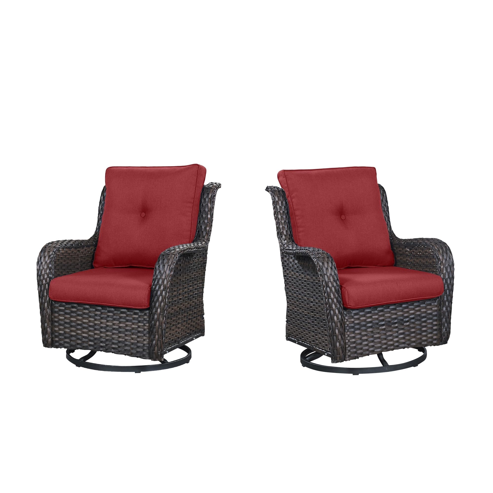 Outdoor 2PC PE Rattan Swivel Glider Chairs, NTC Series - Brown Wicker / Red Cushion