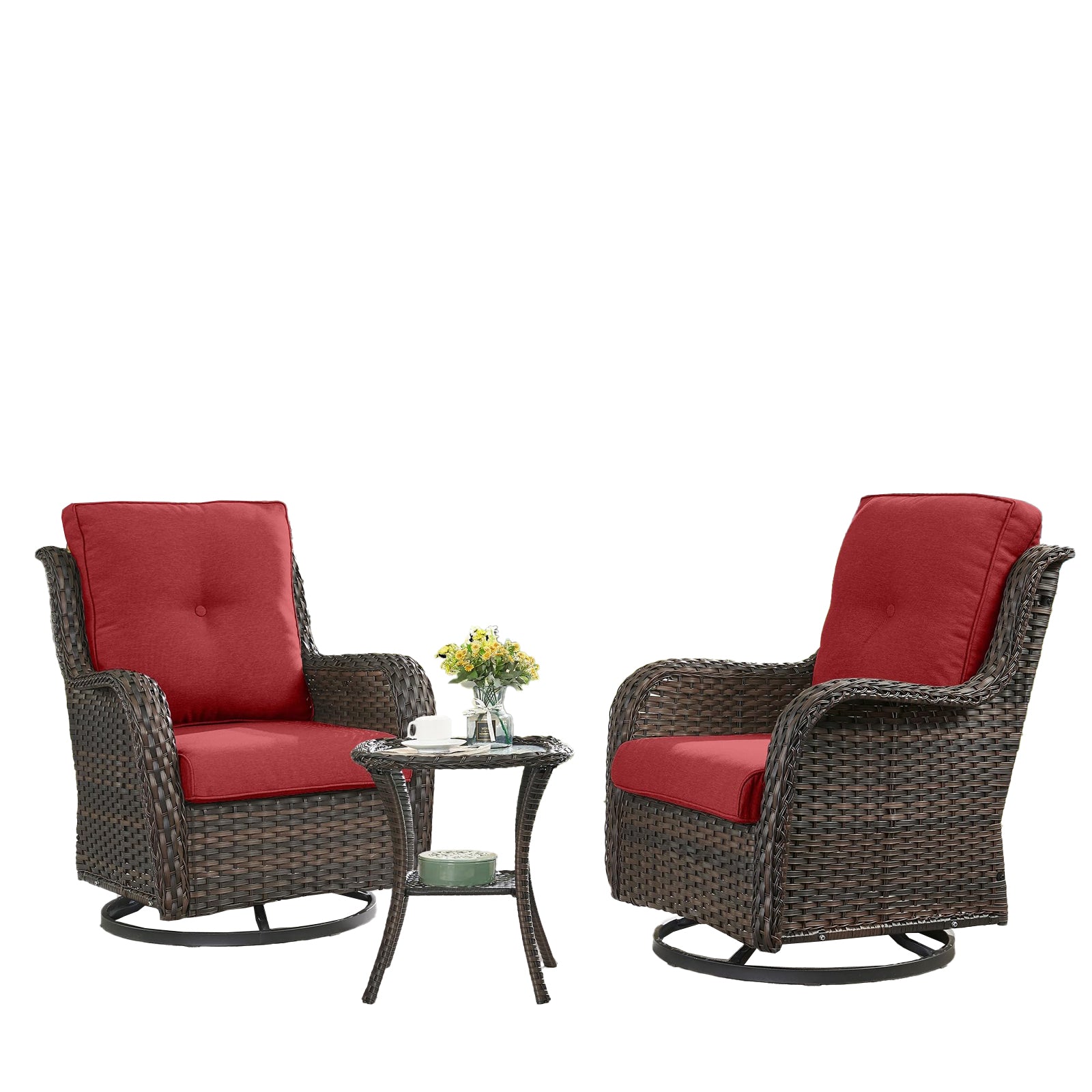 Swivel Glider Chairs Set with Side Table, NTC Series - Brown Wicker / Red Cushion
