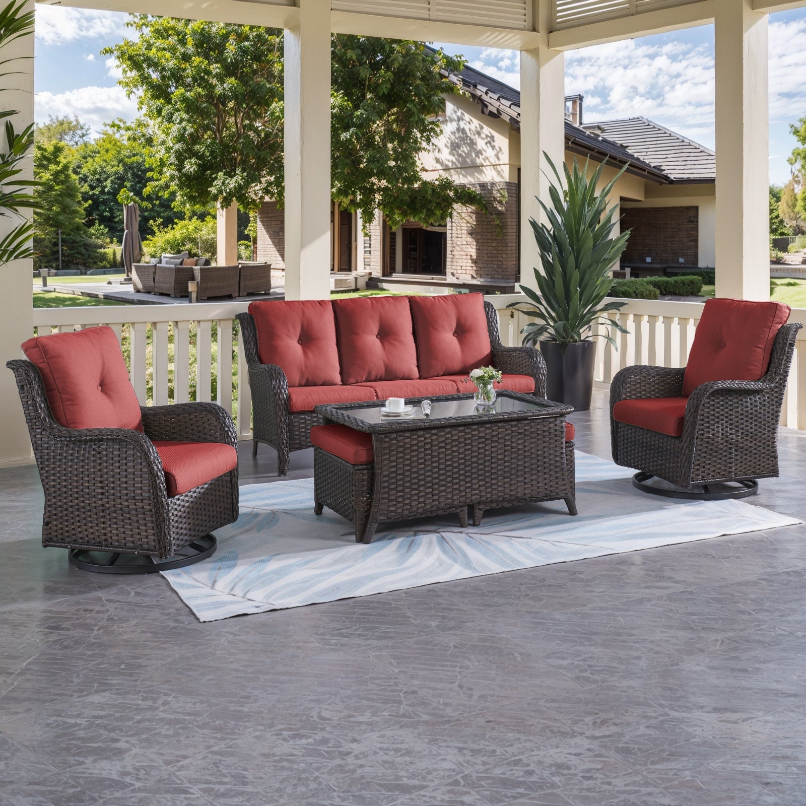 6-Piece Wicker Patio Set, Sofa, Swivel Glider Chairs & Table, NTC Series - Brown Wicker / Red Cushion