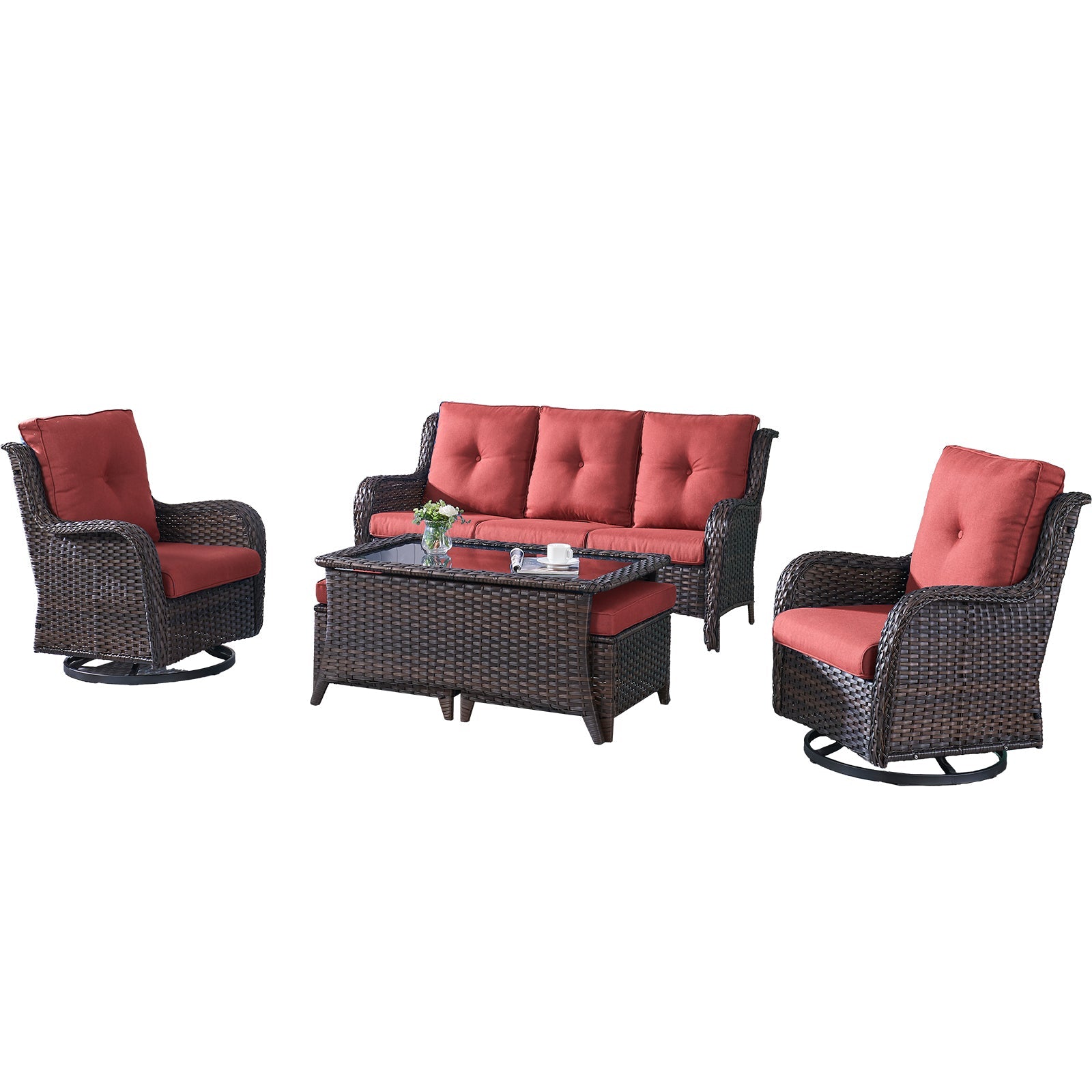 Patio Conversation Set 6-Piece with Sofa, Swivel Glider Chairs, Coffee Table, and Ottoman, NTC Series - Brown Wicker / Red Cushion