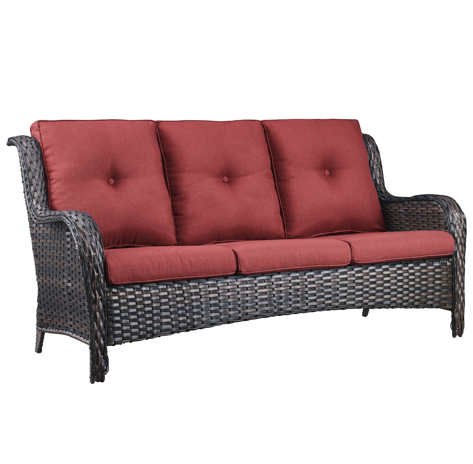 1 Piece Outdoor Patio Furniture Wicker 3-Seater Sofa, NTC Series - Brown Wicker / Red Cushion