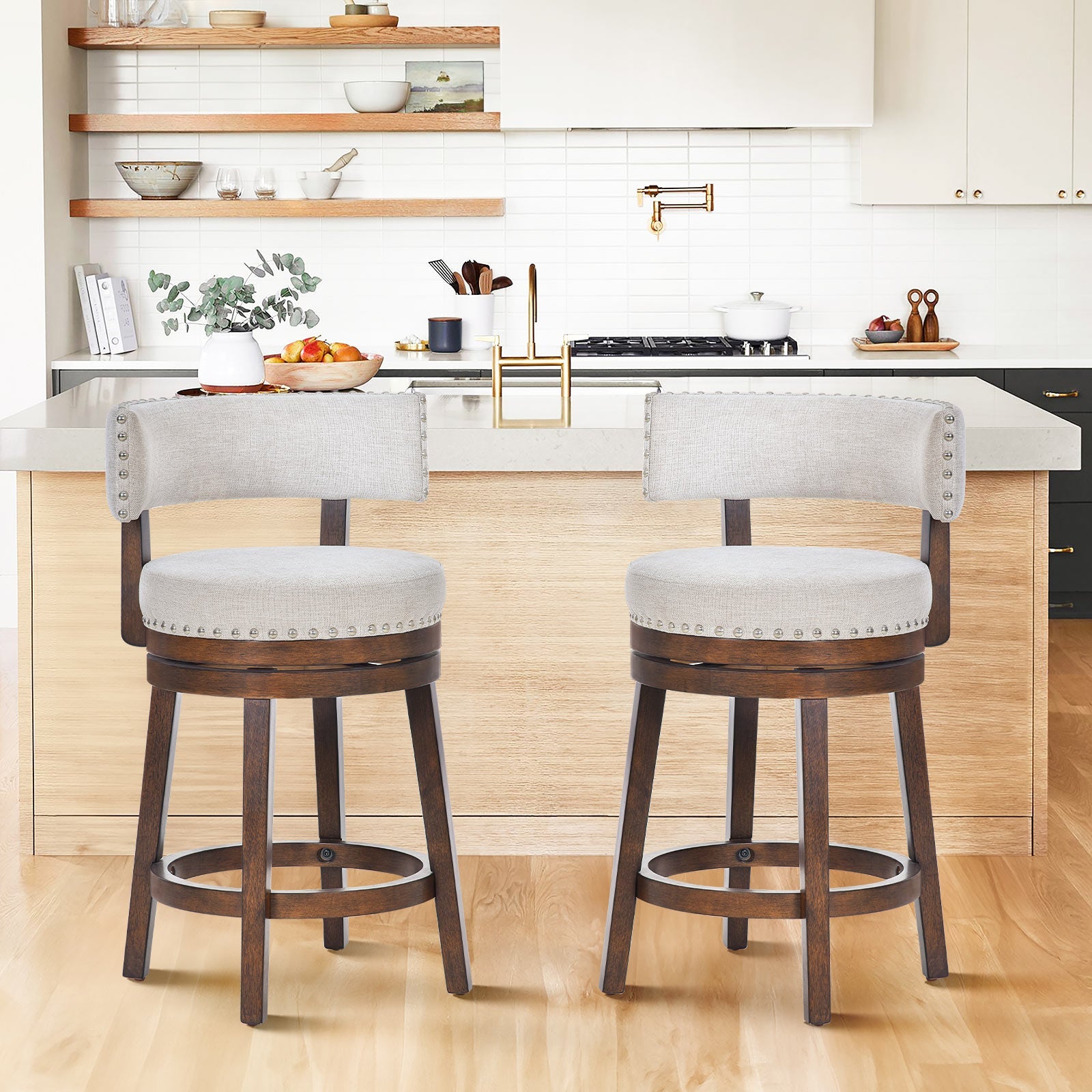 COLAMY RENO Wooden Upholstered Swiveling Vintage Counter Height Bar Stools - Beige / Set of 2