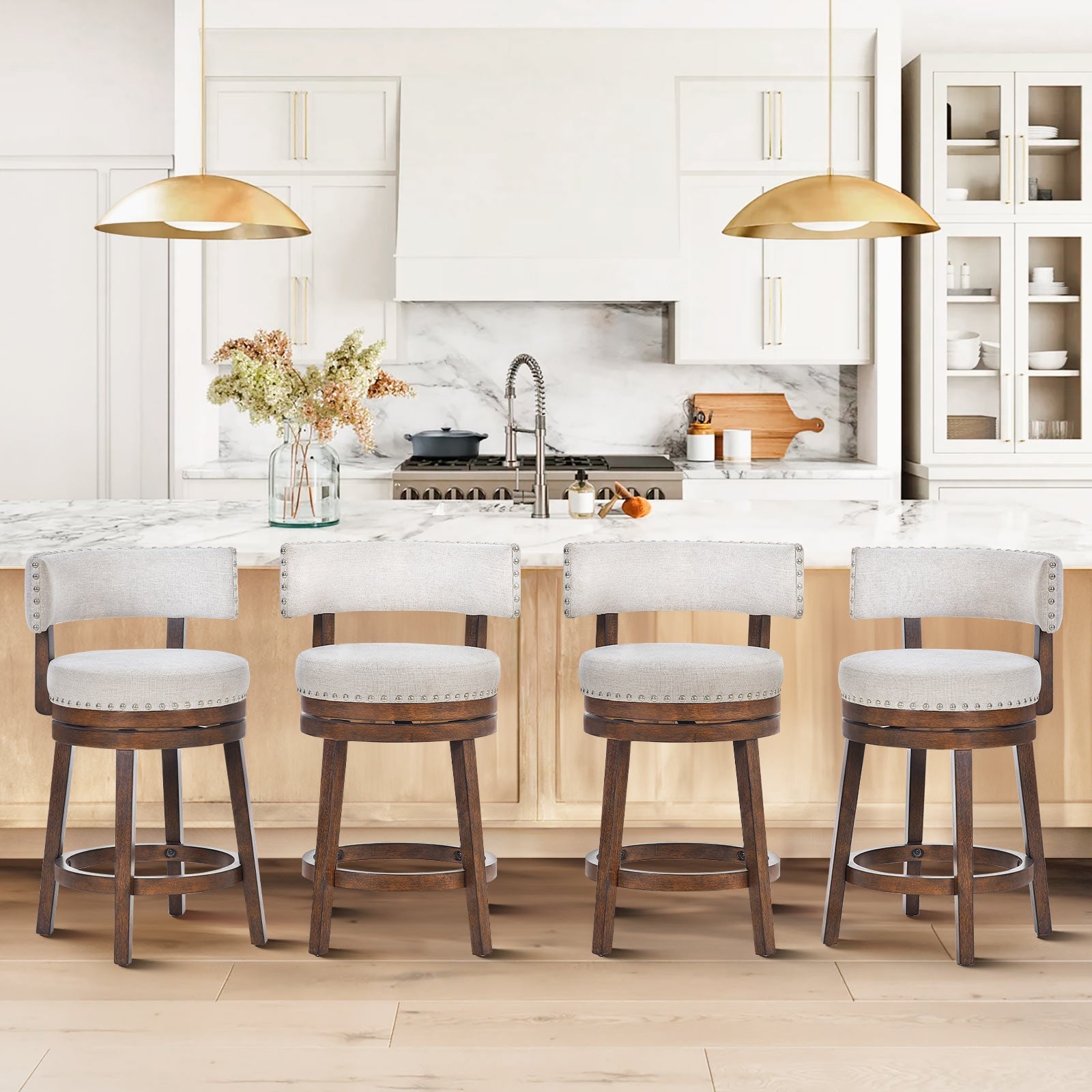 COLAMY RENO Wooden Upholstered Swiveling Vintage Counter Height Bar Stools - Beige / Set of 4