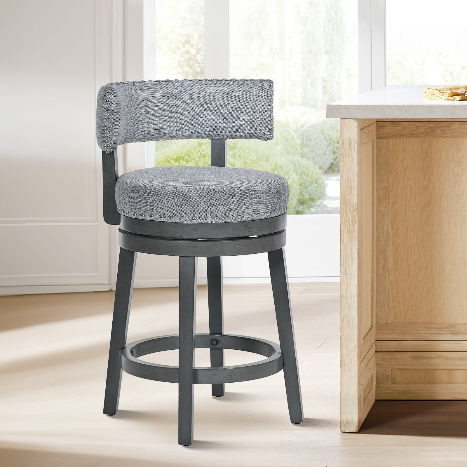 COLAMY RENO Wooden Upholstered Swiveling Vintage Counter Height Bar Stools - Grey / Set of 1