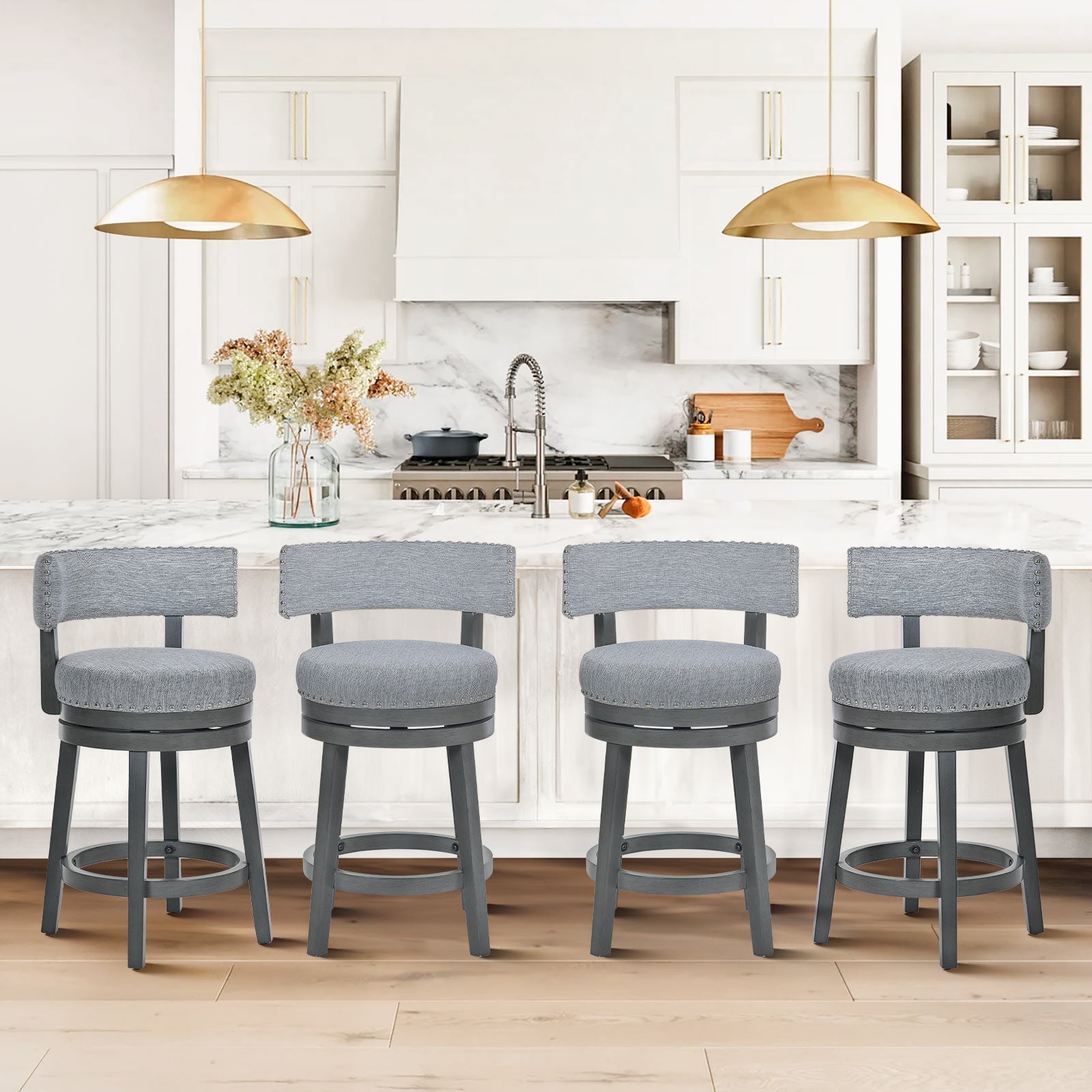 COLAMY RENO Wooden Upholstered Swiveling Vintage Counter Height Bar Stools - Grey / Set of 4