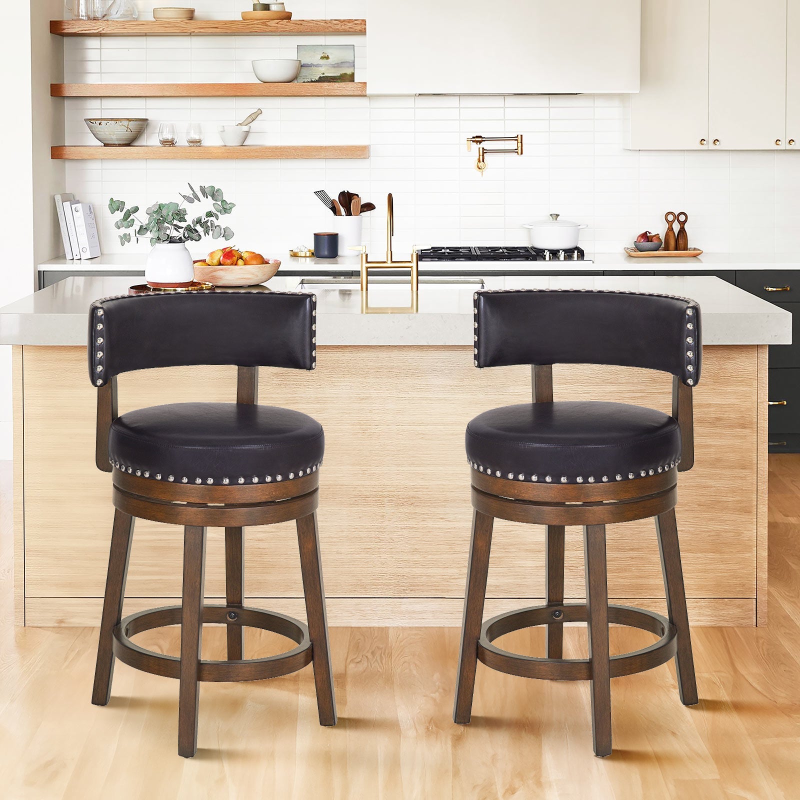 COLAMY RENO Wooden Upholstered Swiveling Vintage Counter Height Bar Stools - Dark Brown / Set of 2