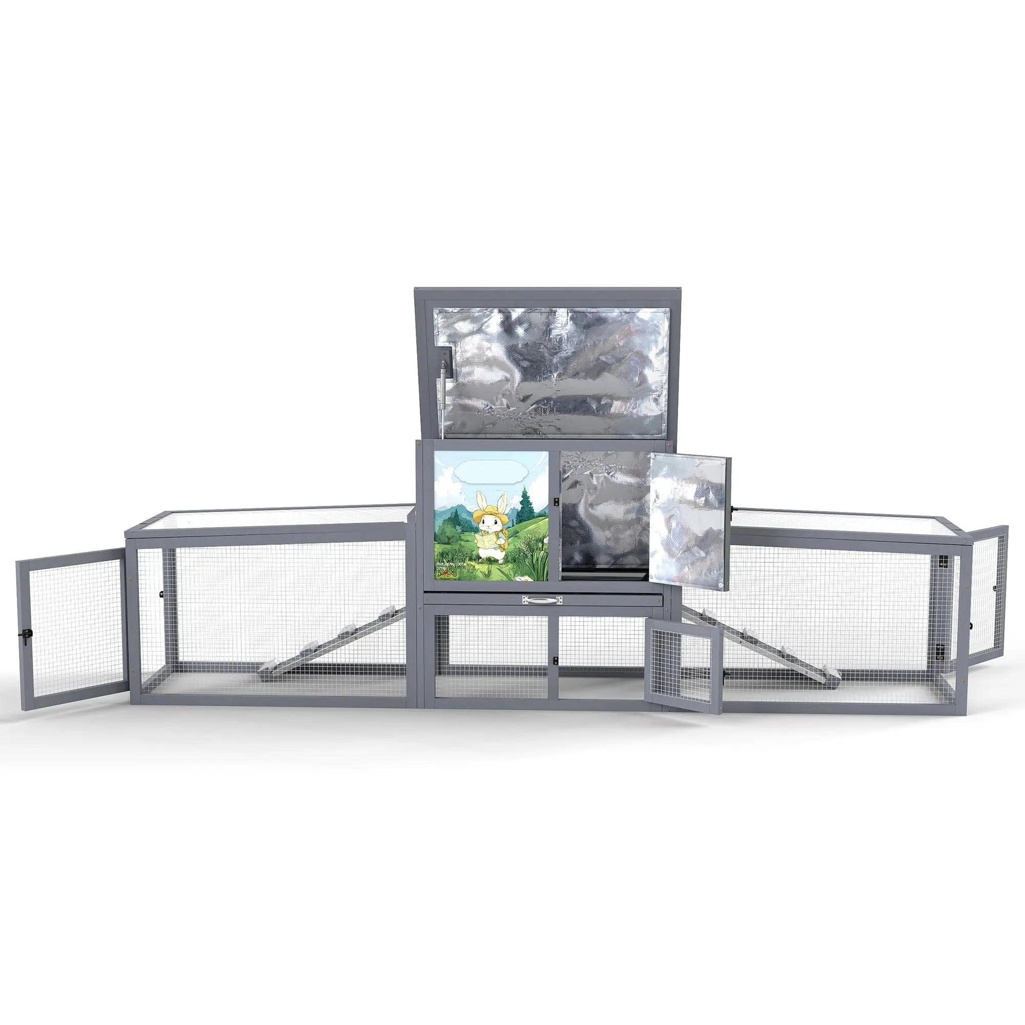 Coziwow 94.5″L 2-Story 3-Compartment Rabbit Hutch - Gray / Sloped Roof / Insulated