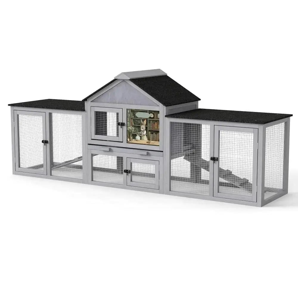 Coziwow 82″L 3-Compartment Double Rabbit Hutch - Gray / Patterned