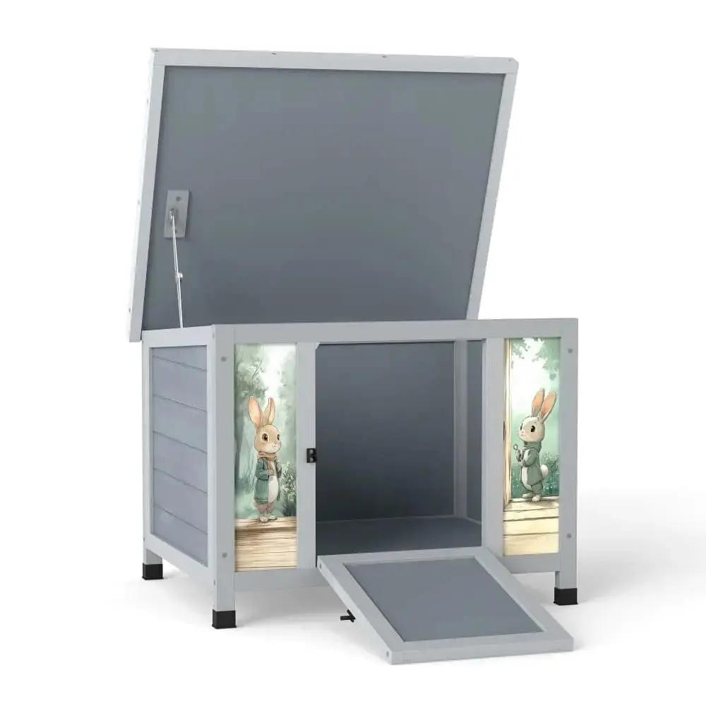 Coziwow 24″L Small Wooden Rabbit House - Gray / Patterned