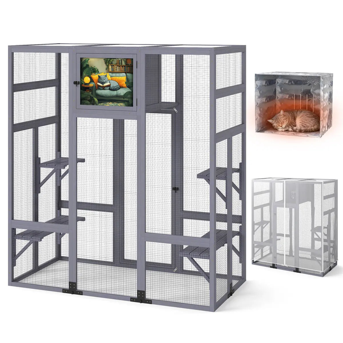 Coziwow 62L Walk-In Wooden Cat Enclosure - Gray / Insulated