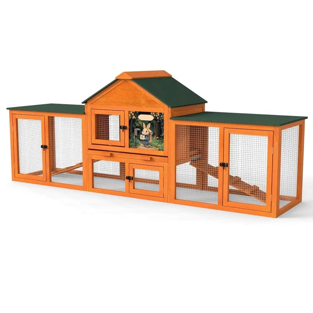 Coziwow 82″L 3-Compartment Double Rabbit Hutch - Orange / Patterned