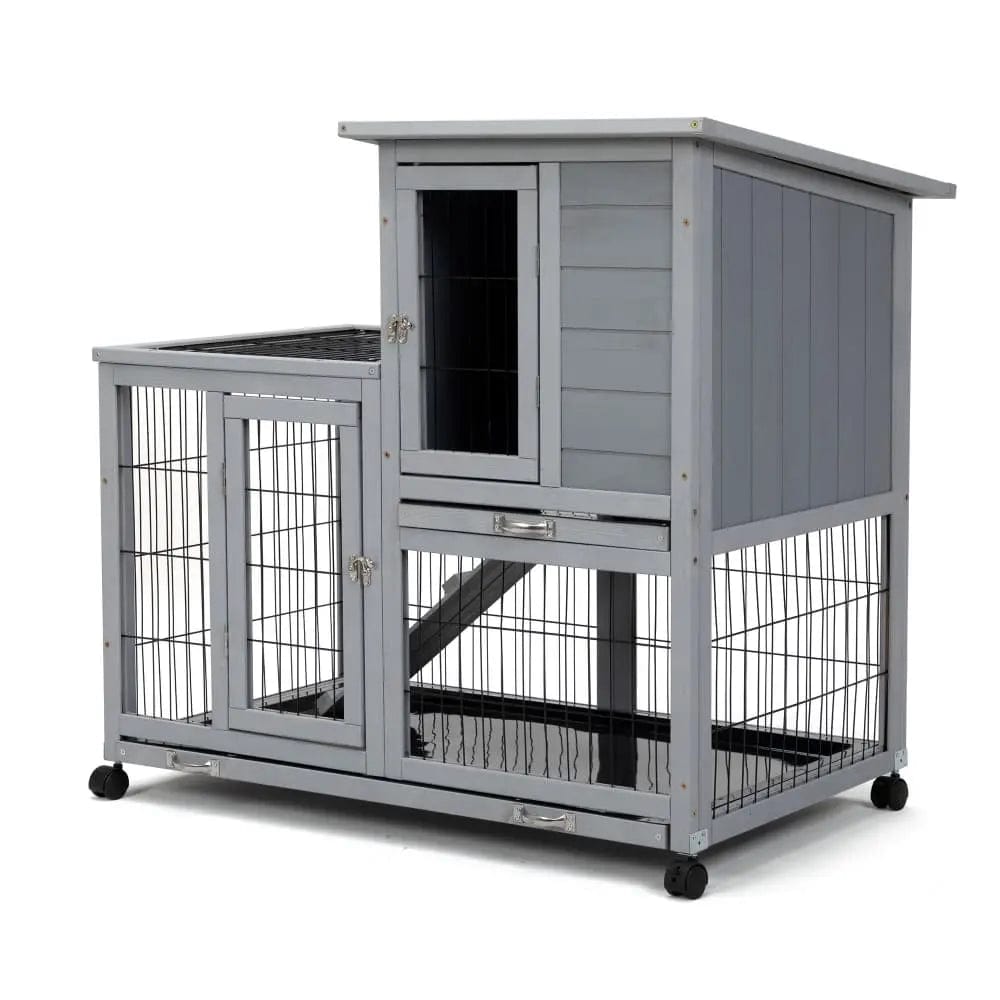 Coziwow 39″L 2-Tier Wheeled Wooden Bunny Hutch - Gray / Plain