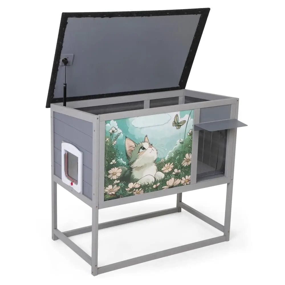 Coziwow 35''L Raised Wooden Cat House - Patterned / Basic