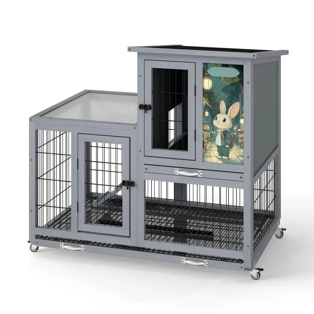 Coziwow 37″L 2-Story Wheeled Wooden Rabbit House - Upgraded Version