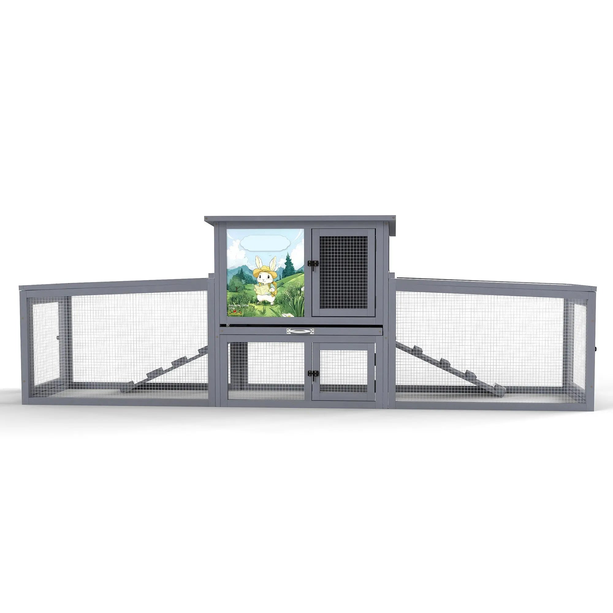 Coziwow 94.5″L 2-Story 3-Compartment Rabbit Hutch - Gray / Sloped Roof / Standard