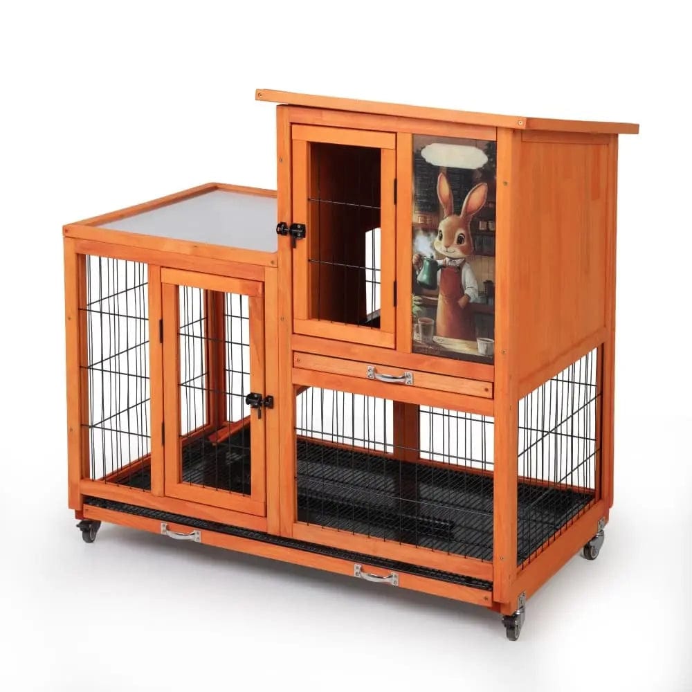 Coziwow 39″L 2-Tier Wheeled Wooden Bunny Hutch - Orange / Patterned