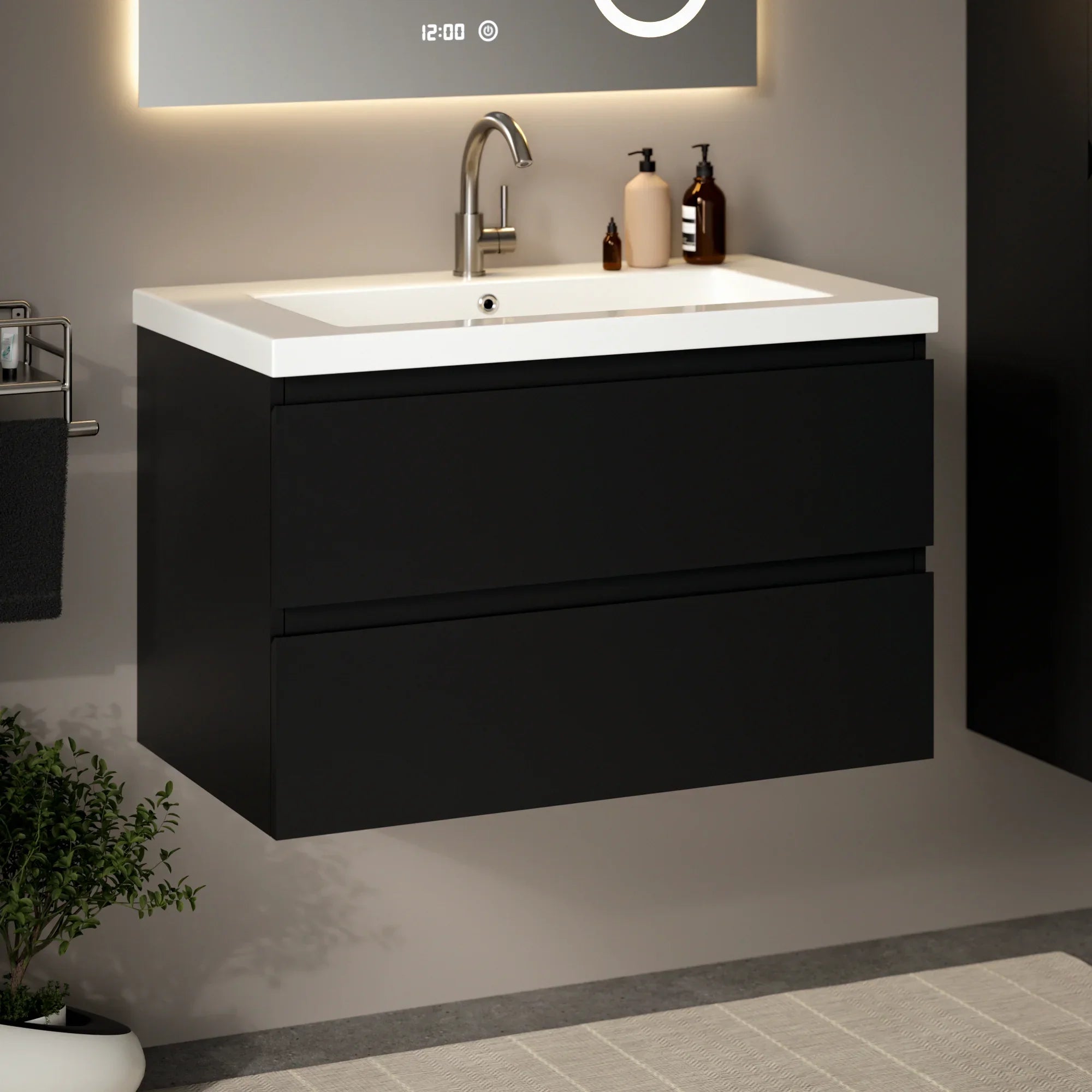 Badkamermeubel Sova - 80cm - Mat Zwart - Wastafel wit - PRE-ORDER
