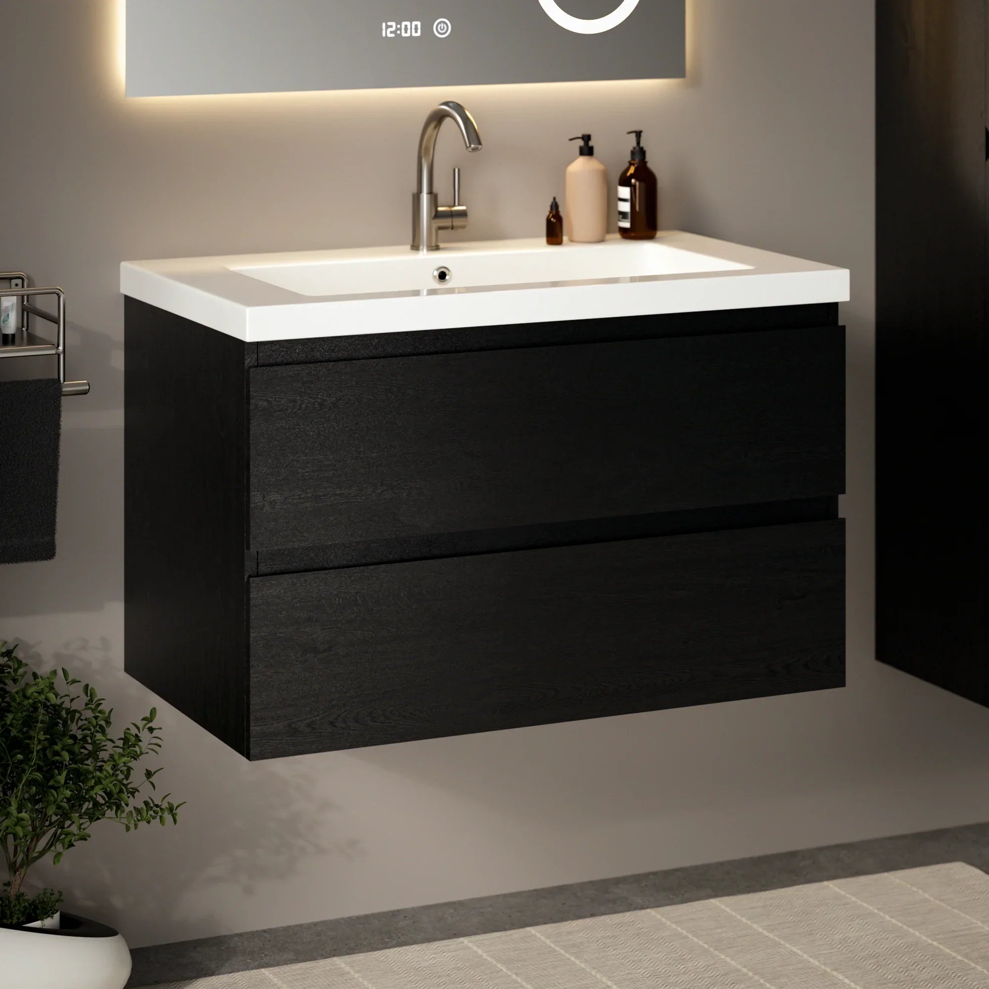 Badkamermeubel Sova - 80cm - Zwart Eiken - Wastafel Wit - PRE-ORDER