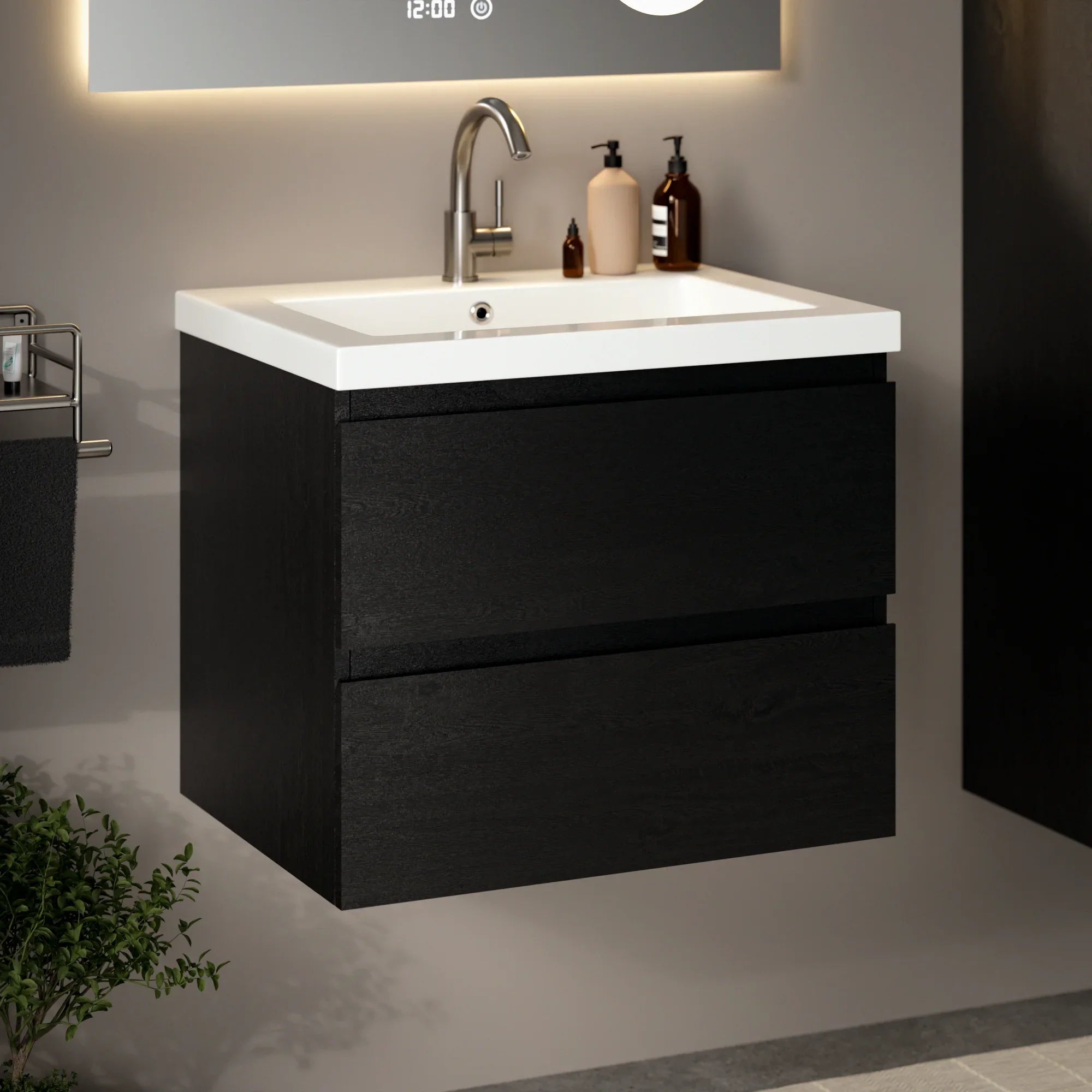 Badkamermeubel Karo - 60cm - Zwart Eiken - Wastafel Wit - PRE-ORDER