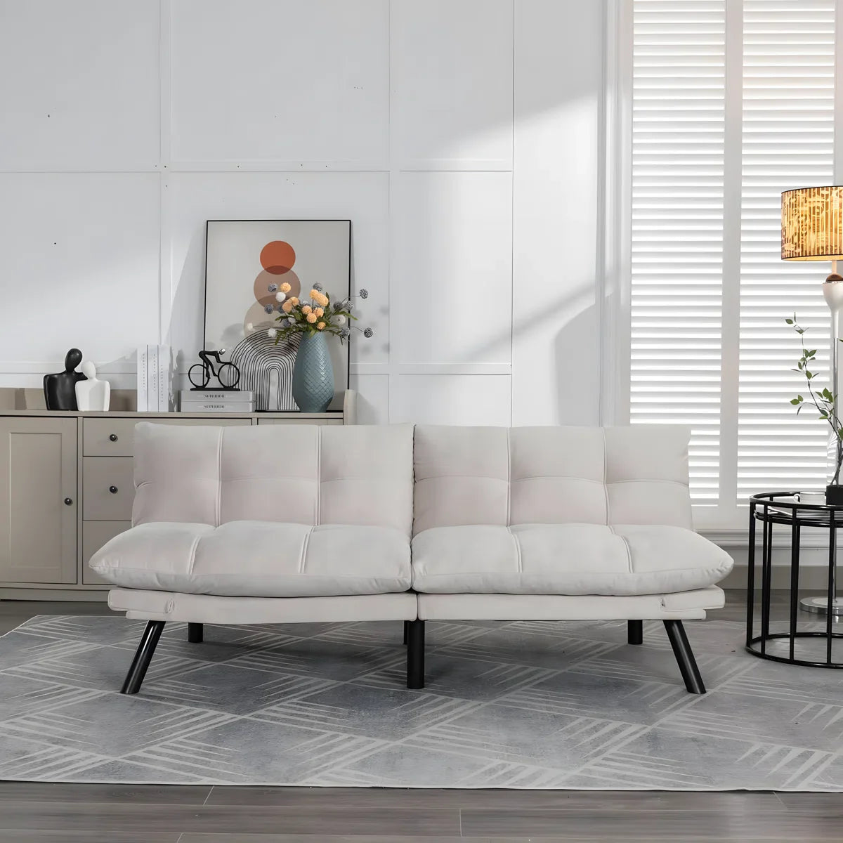 Convertible Futon Sofa Bed Couch | Adjustable 2-Seater Sleeper - Cream