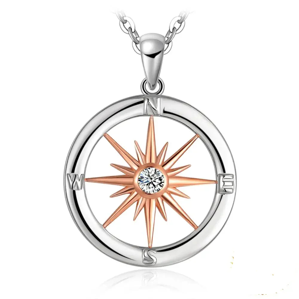 Dazzling Sun Star Compass Circle Pendant Necklace in 925 Sterling Silver with Elegant Rose Gold Finish - Perfect Gift for Women!