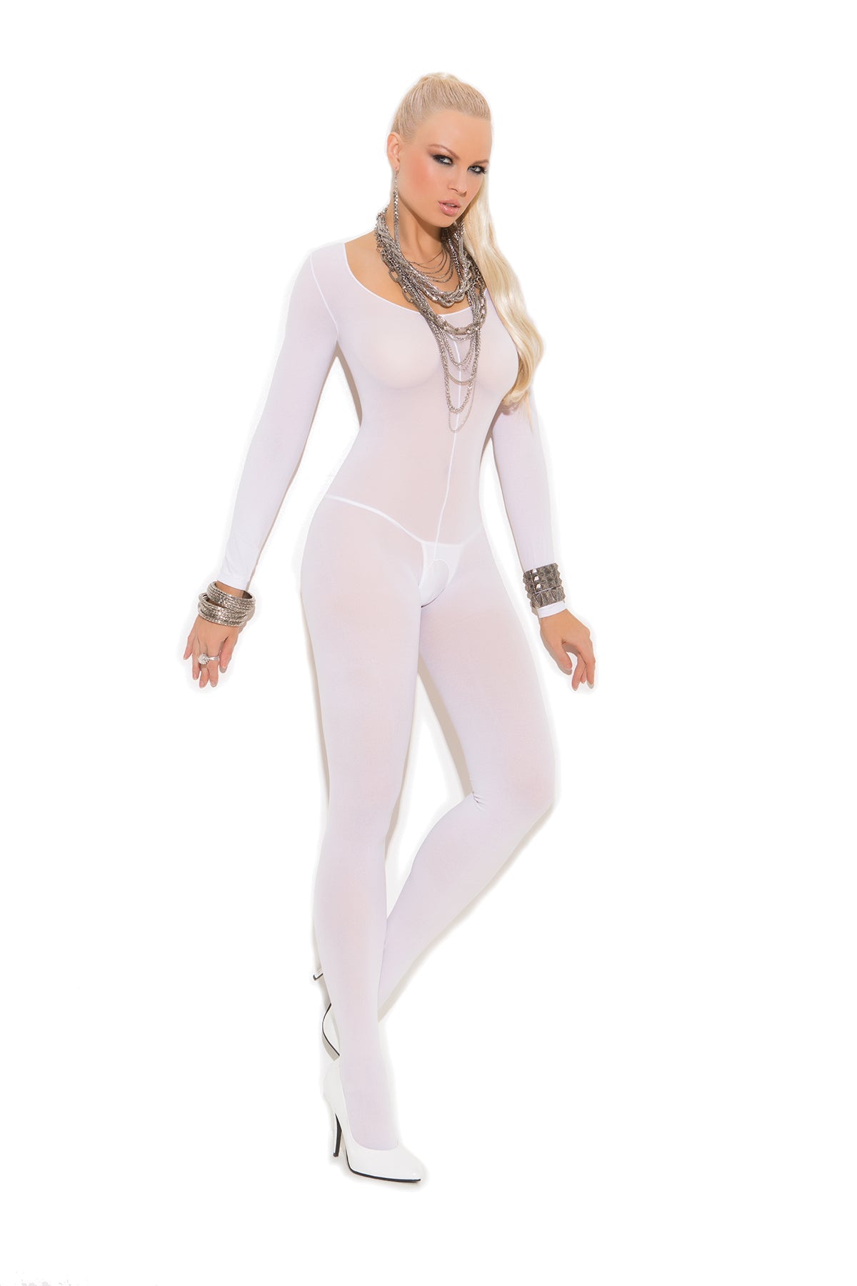 Long Sleeve Bodystocking - WHITE / O/S