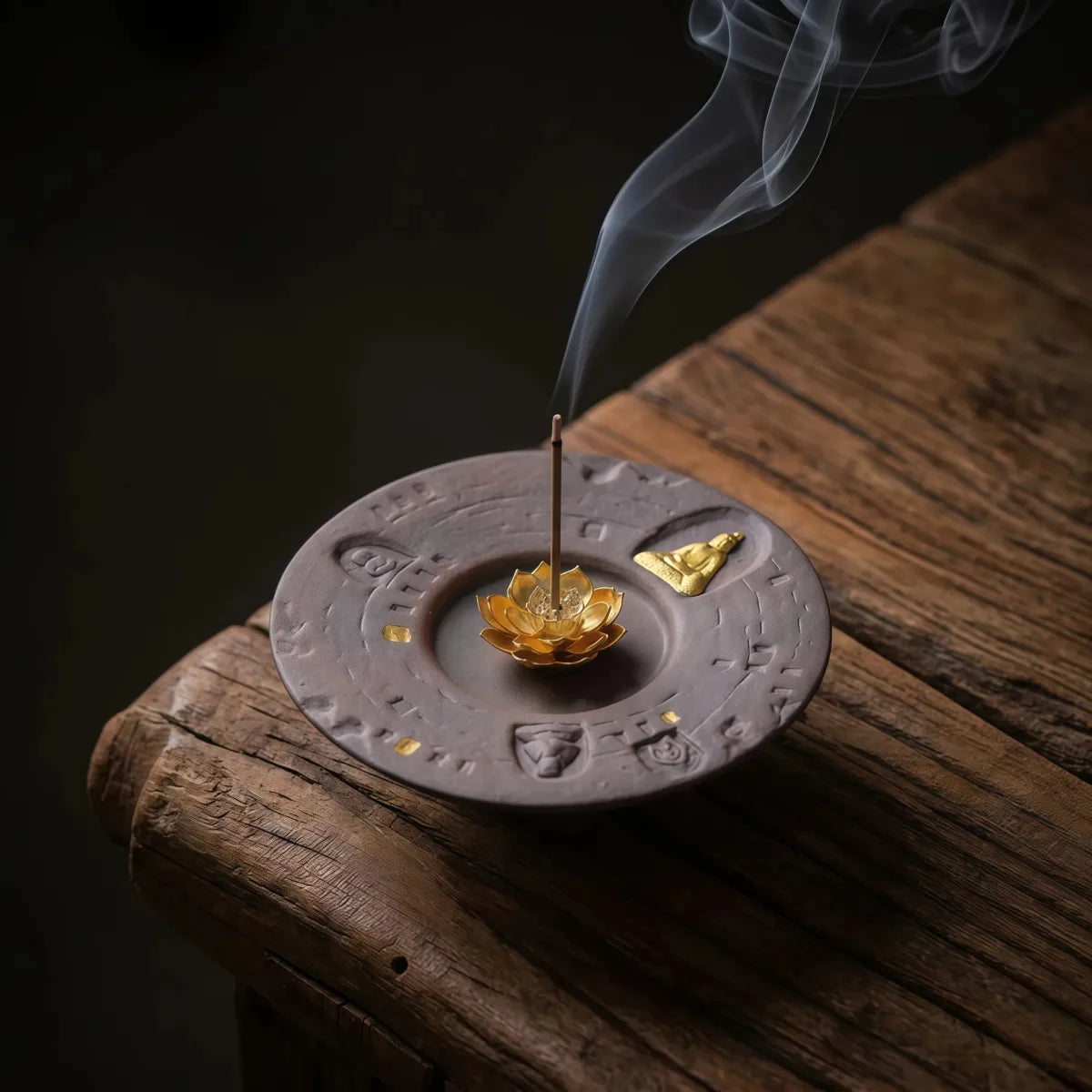 Purification & Harmony Burner Set (Includes Incense Sticks) - Ceramic Lotus Incense & Candle Holder Set (Incense Sticks Included) - Aged Rock Clay