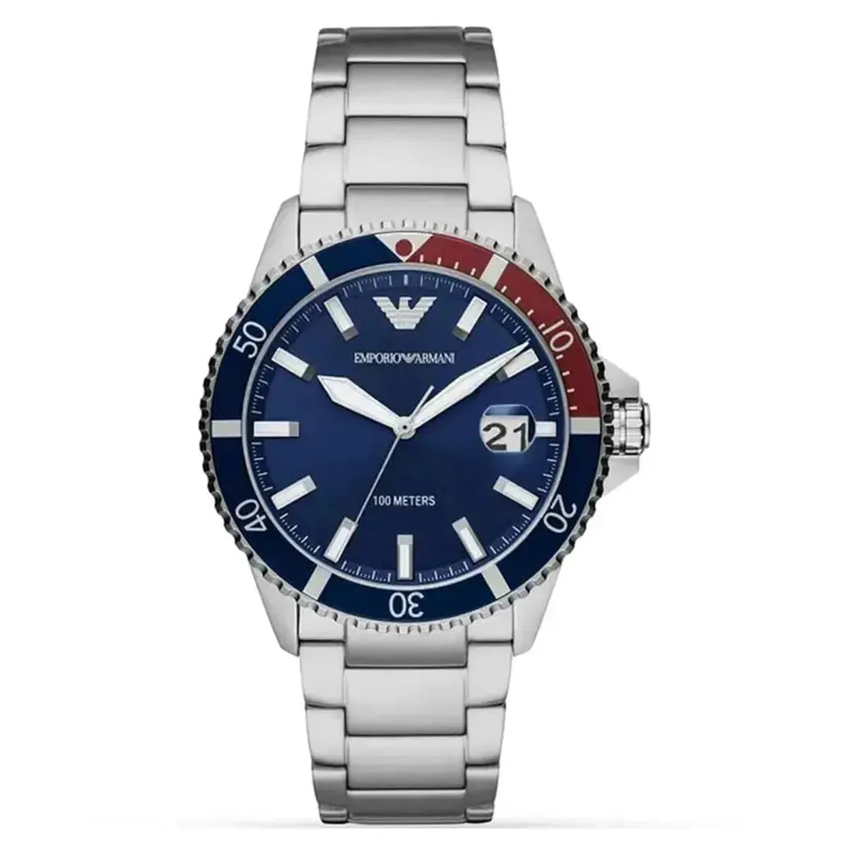 Emporio Armani AR11339 Diver Men's Watch – 42mm Blue Dial Pepsi Bezel Stainless Steel Bracelet