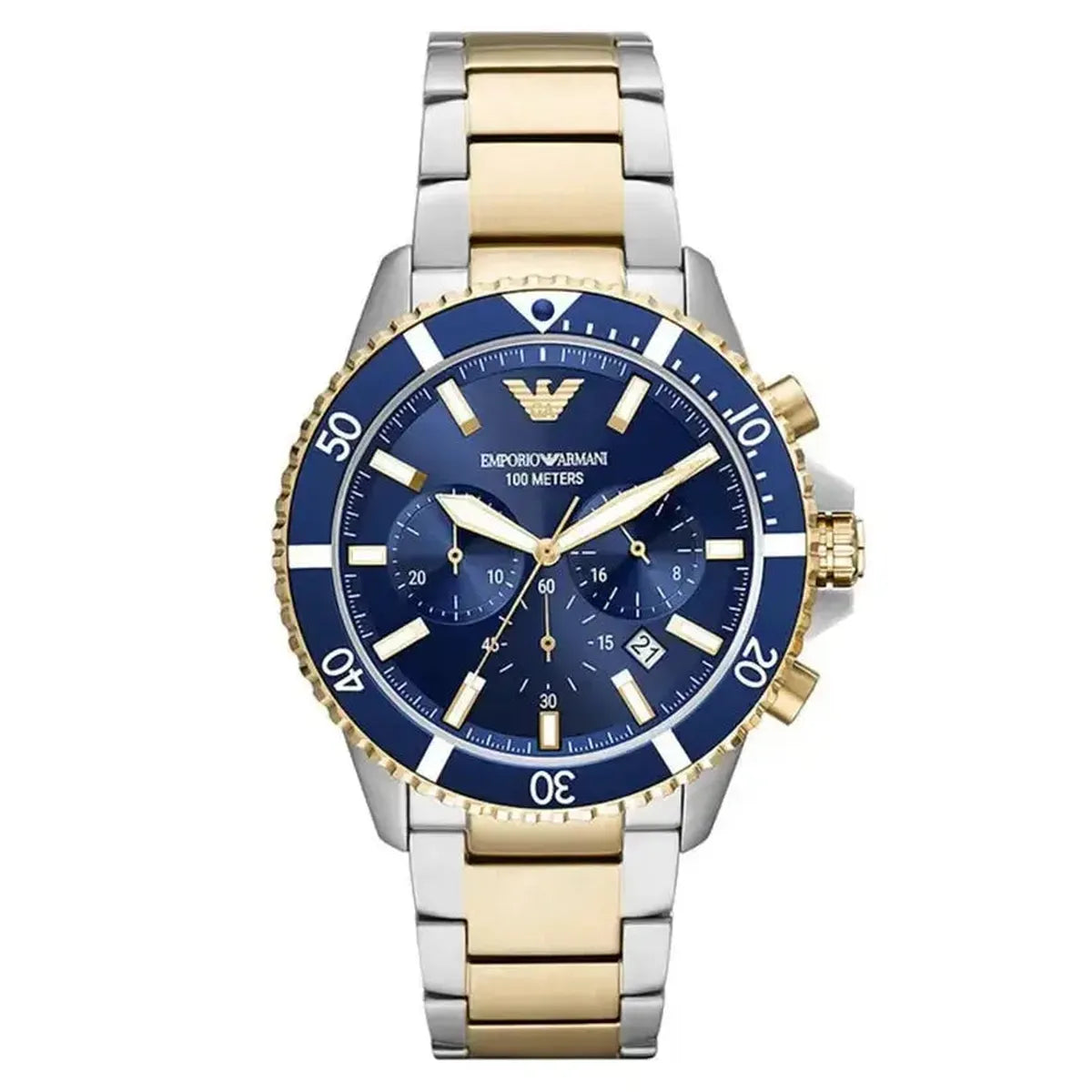 Emporio Armani AR11362 Men's Diver Chronograph Watch – 43mm Blue Dial Two-Tone Steel Bracelet