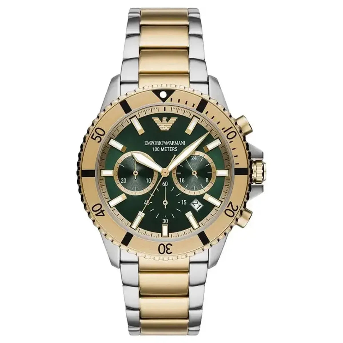 Emporio Armani AR11586 Sea Explorer Diver Chronograph Men's Watch – 43.5mm Green Dial Two-Tone Bracelet