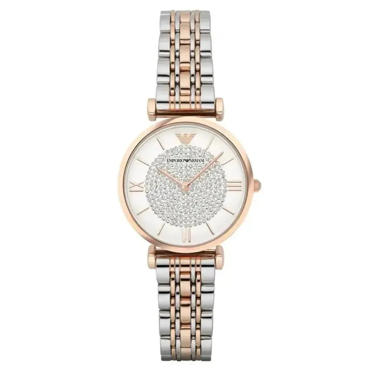 Emporio Armani Gianni T-Bar AR1926 Ladies Two-Tone Stainless Steel Watch – 32mm White Crystal Pavé Dial